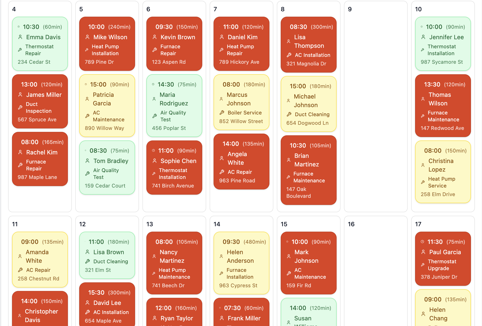 HVAC Appointment Calendar showing scheduled appointments with customer names, service types, and time slots